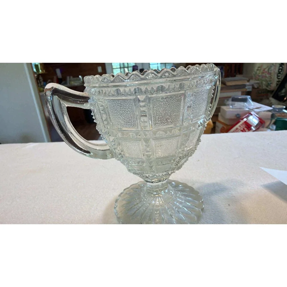 Vintage Clear Pressed Glass Footed Sugar Dish Scalloped Rim Double Handled EAPG